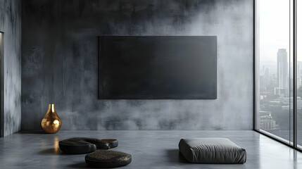 Empty black canvas mockup on concrete wall with modern gray floor and city view.