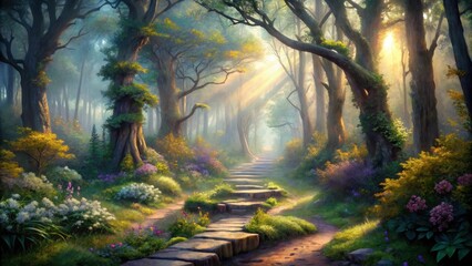 Sunlit Path Through an Enchanting Forest with Stone Steps and Blooming Flora