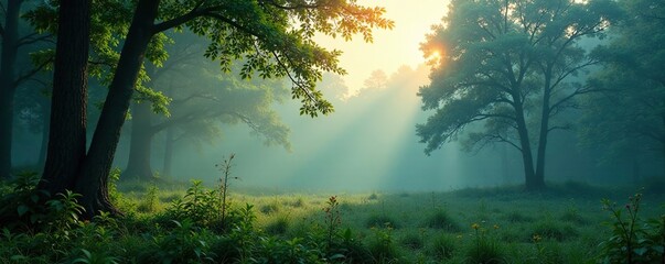 Fototapeta premium Peaceful forest landscape with misty atmosphere, forest, serene, atmospheric