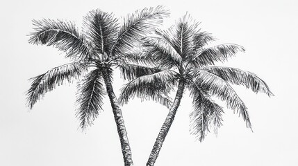 Detailed ink drawing of two palm trees against a white background.