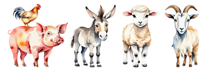 Cute group of farm animals. Hand drawn watercolor painting of chicken, pig, sheep, goat and donkey.  Farm animals collection vector illustration isolated on white background © Kristina