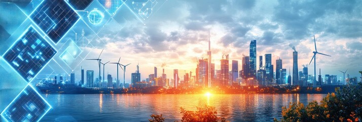 Fototapeta premium Renewable Energy Future with Wind Turbines Solar Panels in a Sustainable City Modern Art