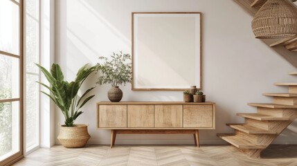 Modern Minimalist Home Interior Design: Wooden Staircase, Console Table, and Plants