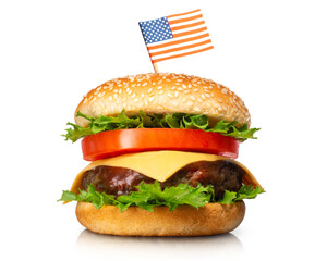 アメリカ国旗の付いたピックを刺したハンバーガー