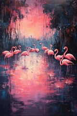 Obraz premium A flock of flamingos wading in a shallow lagoon at sunset, their pink hues glowing softly