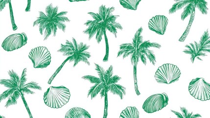 Green palm trees and seashells pattern. (1)