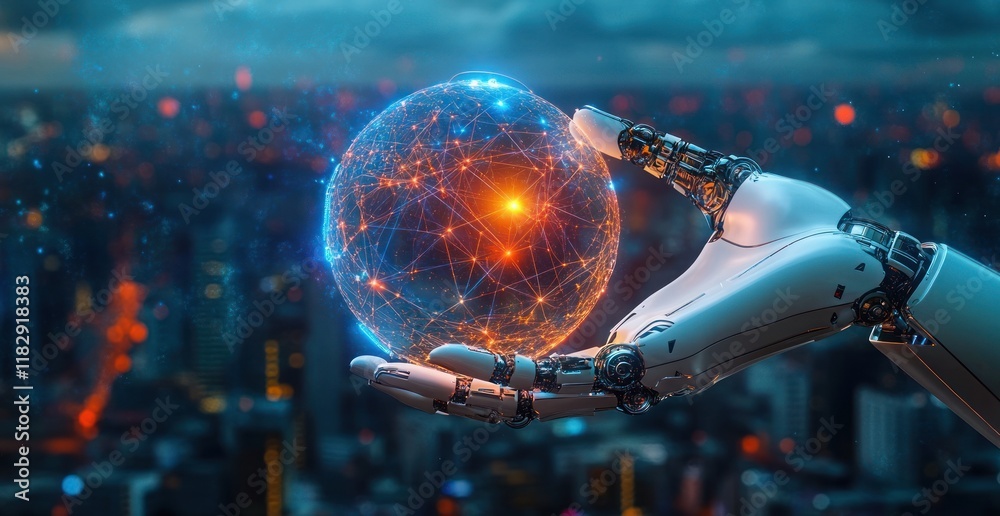 Aufkleber robotic hand holding glowing sphere in cyberpunk cityscape with neon lights and geometric patterns