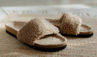 Indoor slippers made of natural sheepskin on a rug.
