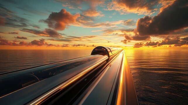 A breathtaking futuristic scene of a hyperloop train traveling over the ocean at sunset, with the sky and water glowing in rich, warm colors.