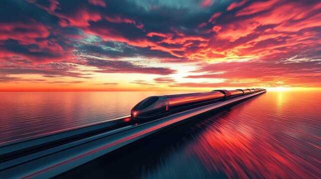 A breathtaking futuristic scene of a hyperloop train traveling over the ocean at sunset, with the sky and water glowing in rich, warm colors.