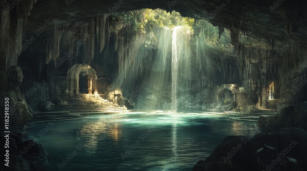 Poster a breathtaking view of an underground cave with dramatic stalactites and a serene pool, bathed in ge