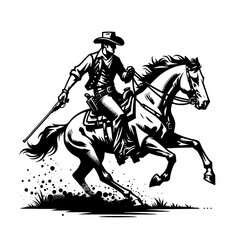 Dynamic Western Cowboy Silhouette Illustration Riding Horse in Action - Wild West Culture Artwork