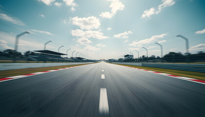 View of the infinity empty asphalt international race track starting or end line, Motion blurred effect, professional photography. isolated with white highlights