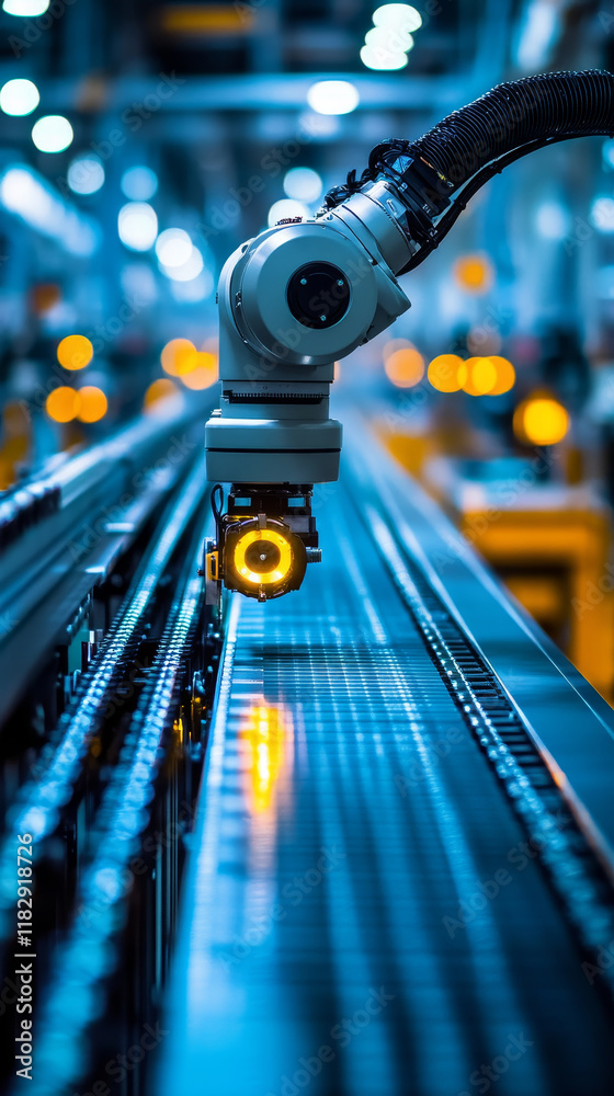 Poster robotic arm in factory, efficiently assembling products with precision