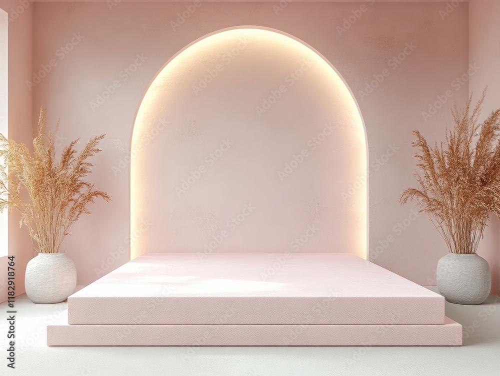 Poster Minimalist Pink Platform Product Display with Soft Lighting and Pastel Background 3D Rendering