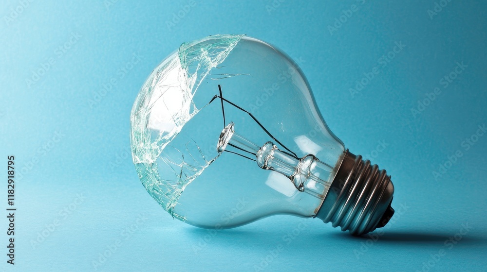 Aufkleber a broken light bulb set against a minimalist blue background, symbolizing disruption and creativity 