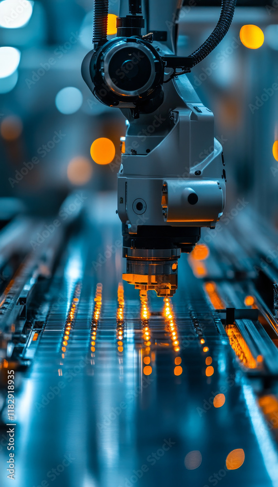 Poster automated robotic arm in factory setting with advanced technology