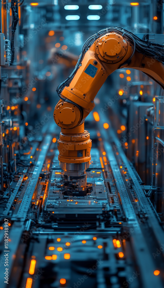 Poster advanced robotic arm in high tech factory setting, showcasing automation and precision