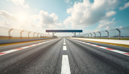 View of the infinity empty asphalt international race track starting or end line, Motion blurred effect. isolated with white highlights