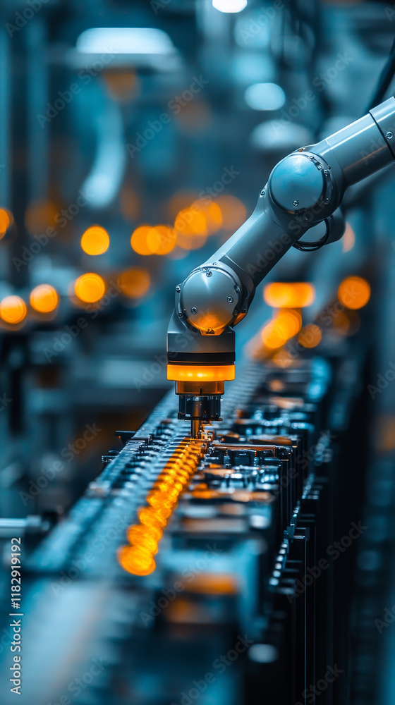 Poster robotic arm assembling components on factory line with precision