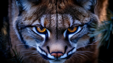 Naklejka premium Close-up Portrait of Lynx with Intense Gaze in Dark Forest Habitat