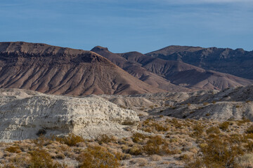 Lacustrine deposits are sedimentary rock formations which formed in the bottom of ancient lakes. Shoshone, Inyo County, California. Lake Tecopa is a former lake. Tecopa Lake Beds. 	Mojave Desert.
