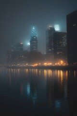 Obraz premium A foggy evening in Philadelphia, with city lights glowing through the mist