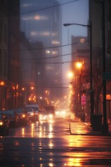 Fototapeta premium A foggy evening in Philadelphia, with city lights glowing through the mist