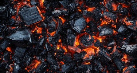 Close-up View of Glowing Charcoal Embers with Fiery Orange and Black Texture Enhancing the Warmth and Intensity of a Burning Fire Scene