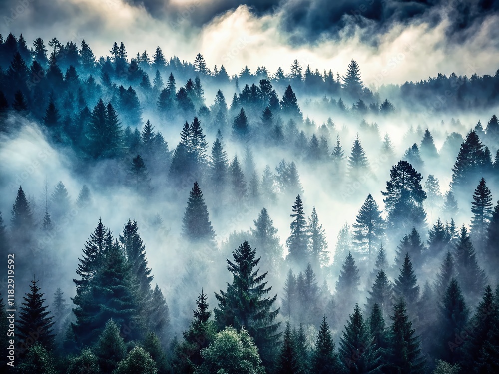 Wall mural Foggy Forest, Black and White, Misty Woodland, Trees, Nature Photography