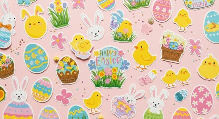Fototapeta premium Colorful easter stickers on pastel background with bunnies and eggs