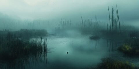 A foggy marshland with tall reeds and mysterious, still waters