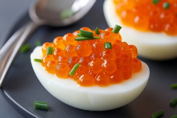 Savory appetizer featuring creamy egg halves topped with bright orange caviar and fresh herbs on a dark plate
