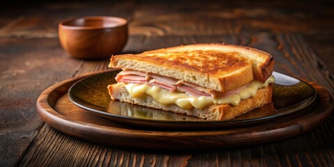 A Delicious Grilled Cheese Sandwich with Ham and Melted Cheese on a Rustic Wooden Table