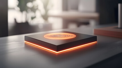 Digital arrest futuristic concept. A sleek, illuminated device on a modern table surface.