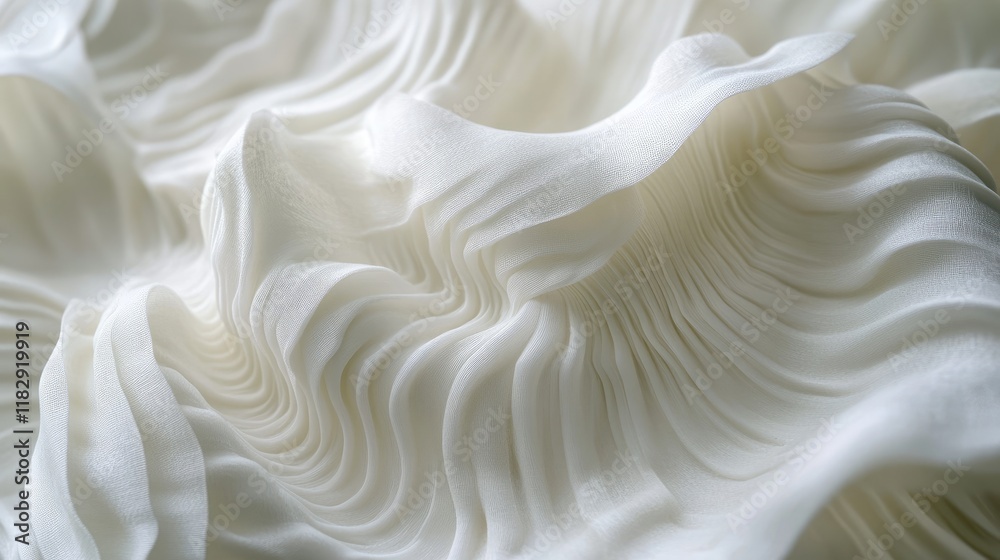 Poster a close-up of dynamic white fabric with radial folds, showcasing intricate textures and flowing line
