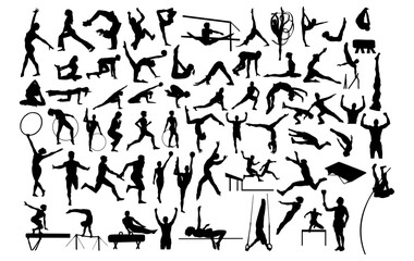 Dynamic Silhouettes of Gymnasts:A compelling collection of silhouetted gymnasts in motion, showcasing a diverse array of poses, exercises, and routines.