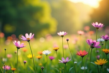 Obraz premium Soft morning light falls on a field of blooming wildflowers, nature, soft focus, meadow