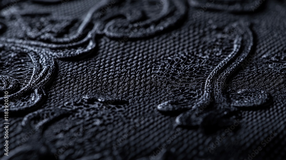 Poster A close-up of luxurious black fabric with detailed patterns, emphasizing the depth and tactile quality of the material in a sophisticated composition.
