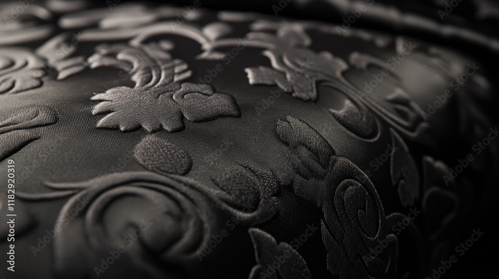 Poster A close-up of luxurious black fabric with detailed patterns, emphasizing the depth and tactile quality of the material in a sophisticated composition.