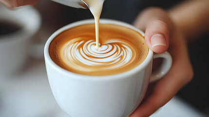 Barista Pours Milk into Coffee Cup Creating Latte Art Design in Cafe Setting