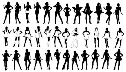 Diverse Silhouettes: A collection of chic female silhouettes in varying poses, clothing styles, and expressions, exuding modern fashion and elegant charm. 