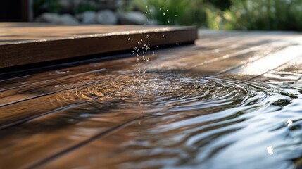 A close-up shot of calm ripples spreading across a wooden surface, set in a rustic outdoor environment, evoking a sense of peace and nature.