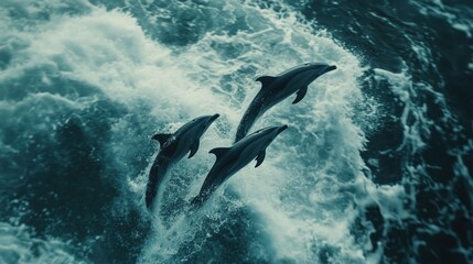 Obraz premium Three dolphins leaping from ocean waves.
