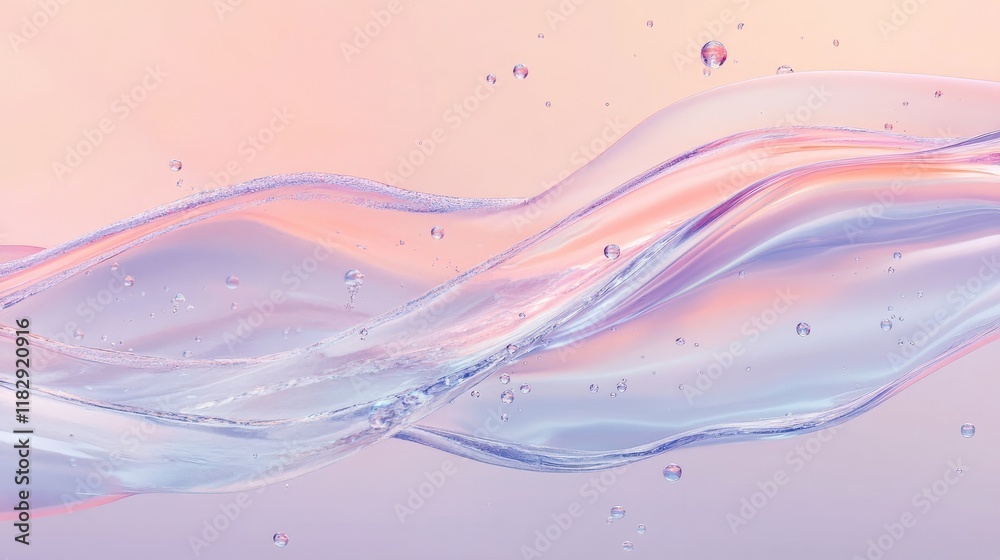 Poster a close-up shot of transparent liquid forming delicate waves, with tiny bubbles floating against a s