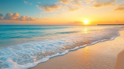 Obraz premium Serene sunset over tranquil ocean beach.
