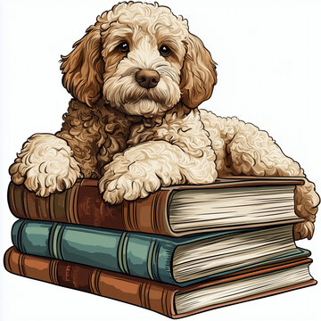 recommend clip art: A goldendoodle dog and books clip art vector illustration, dog breed with a stack of books bookworm element