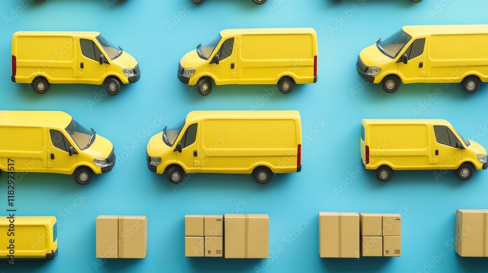 Aufkleber a colorful arrangement of yellow delivery vans with cardboard boxes on a blue background, illustrati
