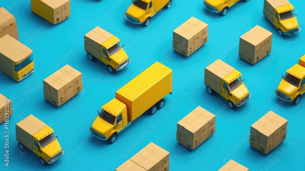 Poster a colorful arrangement of yellow delivery vans with cardboard boxes on a blue background, illustrati