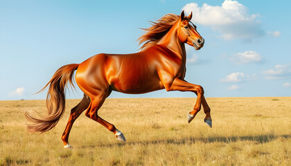 A beautiful horse is riding freely in the field, collage style. isolated with white highlights